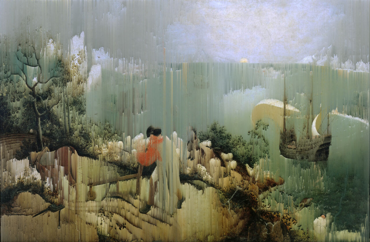 Landschaft mit dem Sturz des Ikarus (Pieter Bruegel der Ältere, ca. 1560) [Glitch]