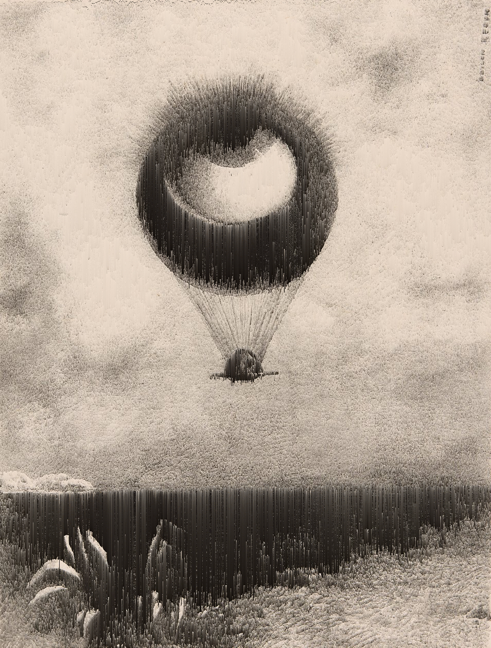 Das Auge, wie ein seltsamer Ballon bewegt sich in Richtung Unendlichkeit (Odilon Redon, 1882) [Glitch]
